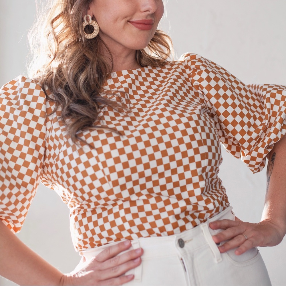 Handmade checker print brown and white puffy balloon sleeve blouse